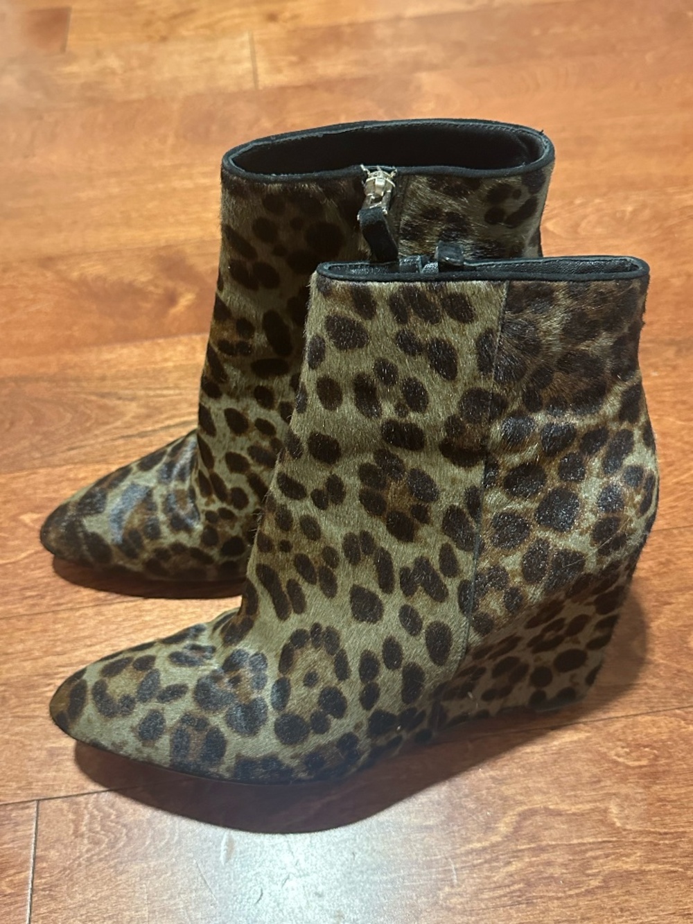 Brian Atwood Women's Bellaria Leopard Print Wedge Ankle Boots size 8 1/2